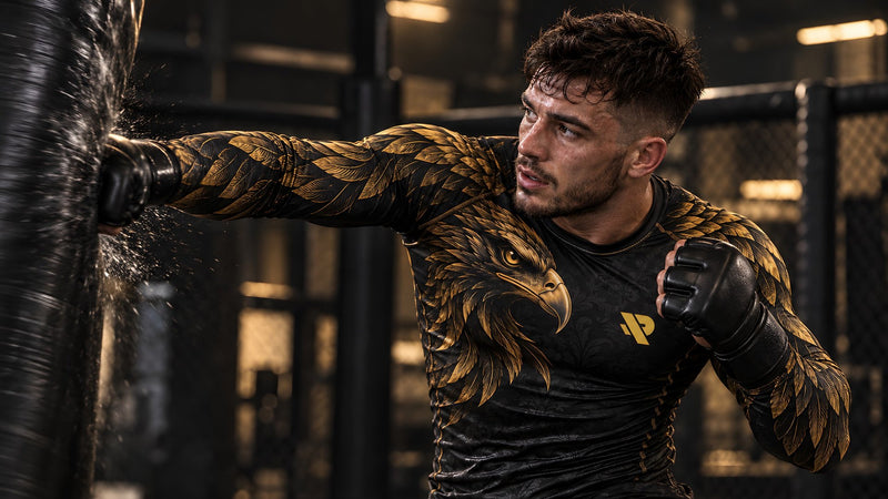 Combattant en rash guard Rashu Aigle qui frappe un sac de frappe de MMA