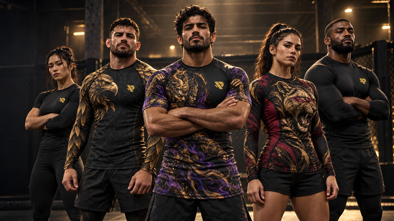 5 combattants en rash guard Rashu Aigle, Ashura et Lionne devant une cage de MMA
