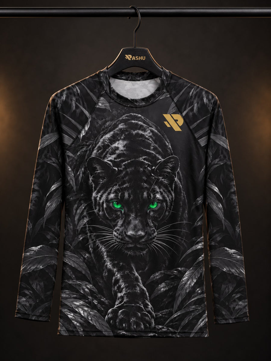 Rash guard Panthère Noire manches longues sur son cintre