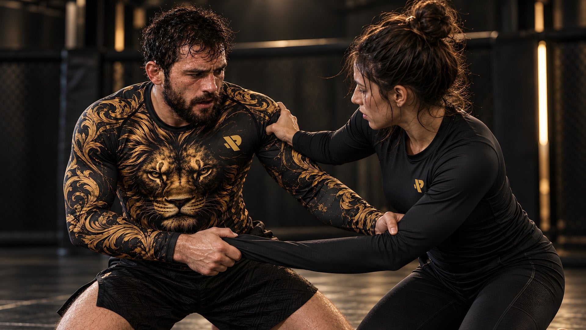 Pratiquant en rash guard Rashu Lion qui travaille une technique de JJB avec son partenaire