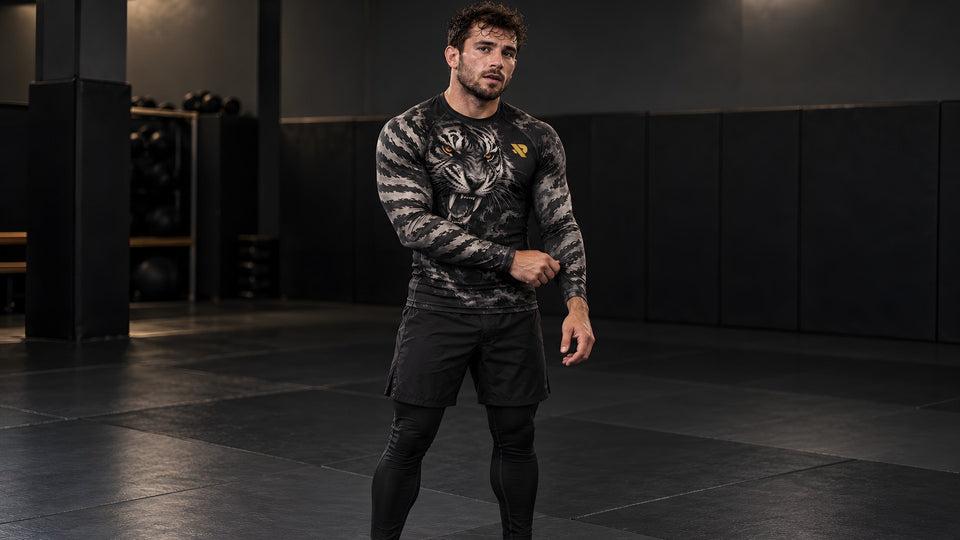 Combattant debout sur le tatami en rash guard Rashu Tigre, short et spats