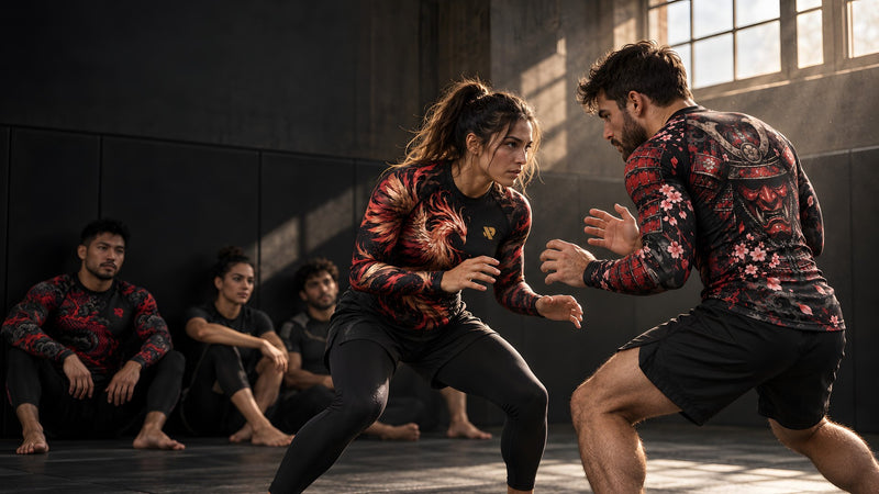 Combattant et combattante en rash guard Rashu Samouraï et Phénix en garde sur le tatami