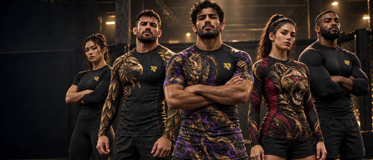 Combattants en rash guard Rashu sur le tatami