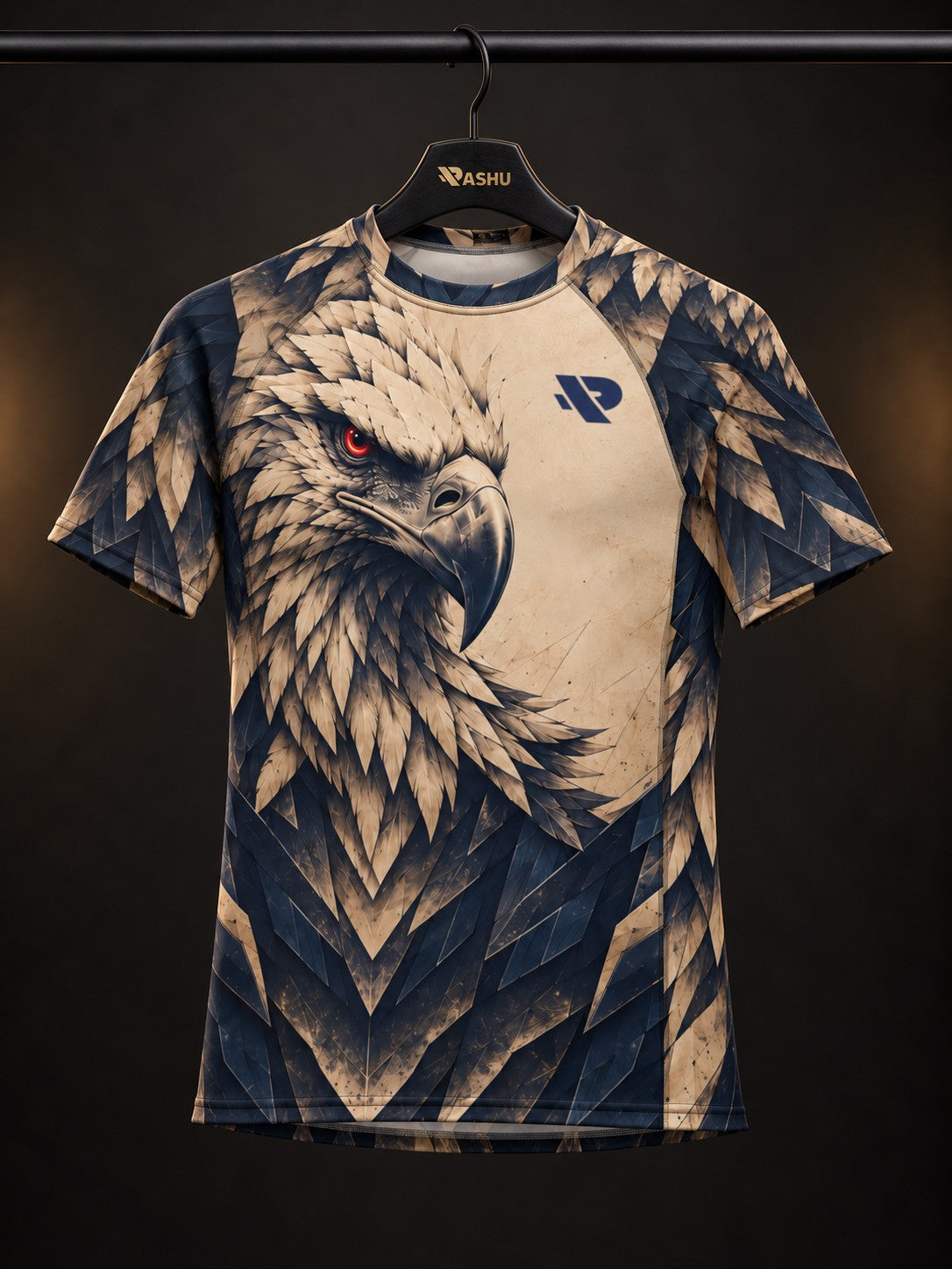Rash guard Aigle Sentinelle manches courtes homme, Tête d'aigle gravée, dégradé sable vers bleu nuit