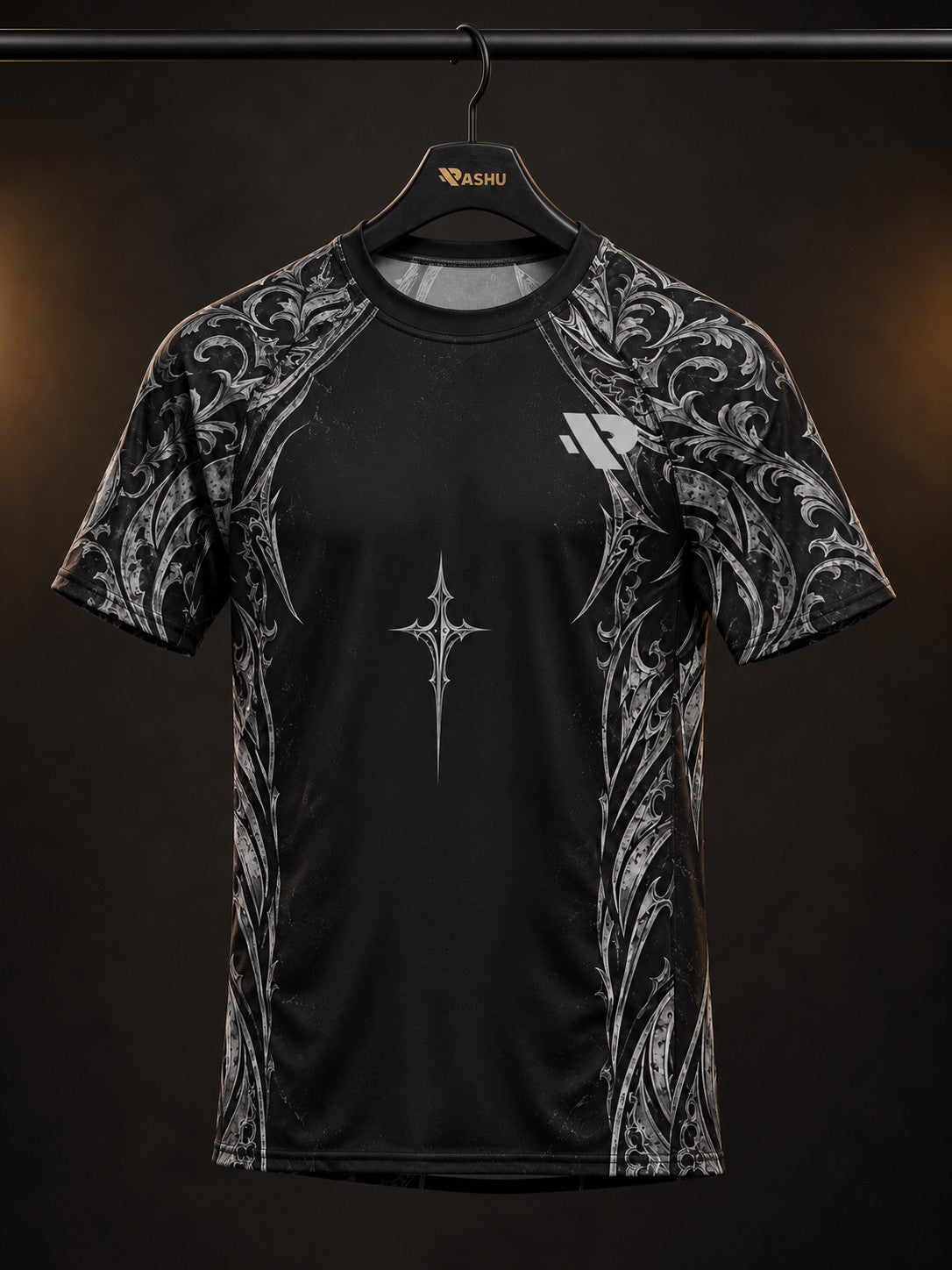 Rash guard Armure de Dieu manches courtes homme, Bouclier, heaume, épée et cuirasse en gravure argent sur noir