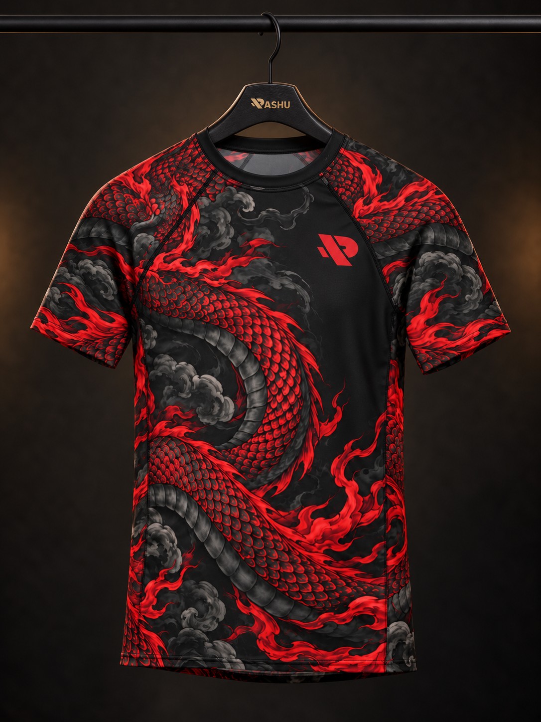 Rash guard Dragon Rouge homme, dragon japonais rouge et noir enroulé autour du buste, fond noir