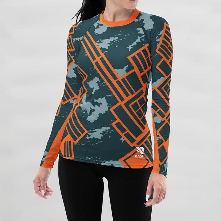 Rashguard Motif Urbain Gris et Orange - Femme Votre Rash Guard, Votre Mérite | Rashu