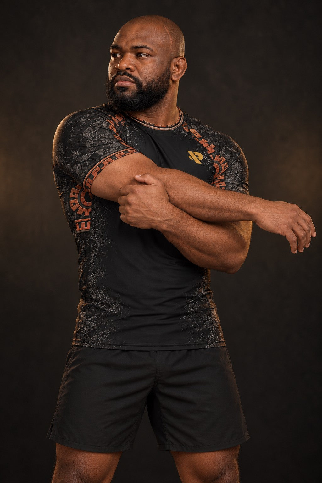 Rash guard Pierre du Soleil manches courtes homme, Disque solaire aztèque sculpté gris pierre et terre cuite