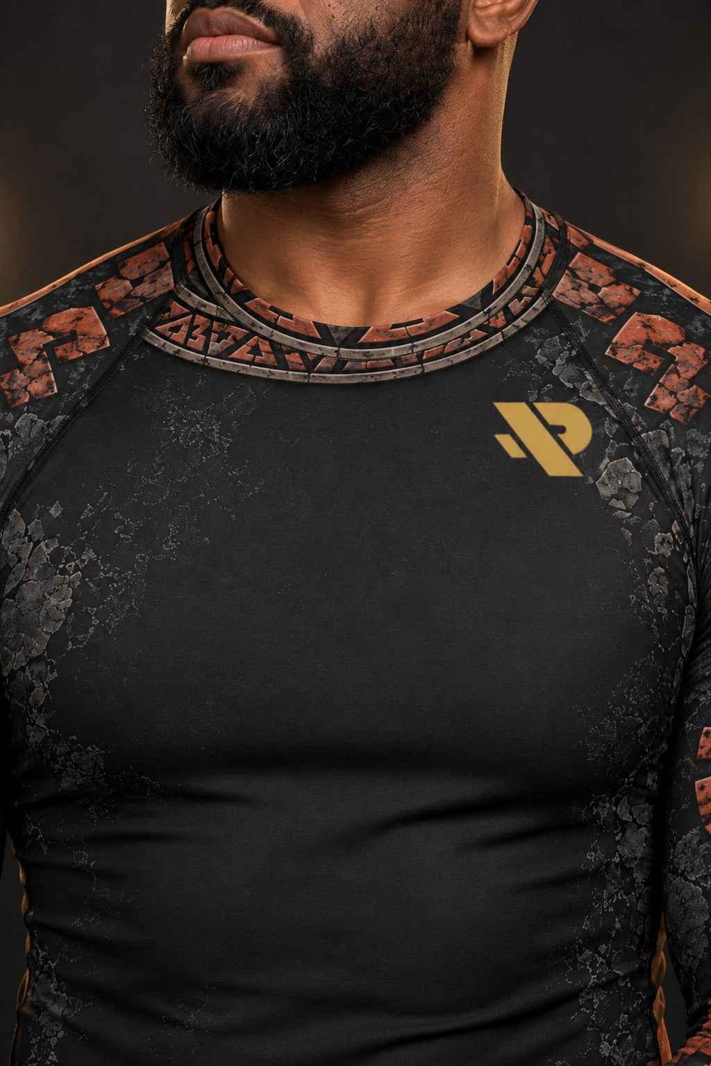 Rash guard Pierre du Soleil manches longues homme, Disque solaire aztèque sculpté gris pierre et terre cuite