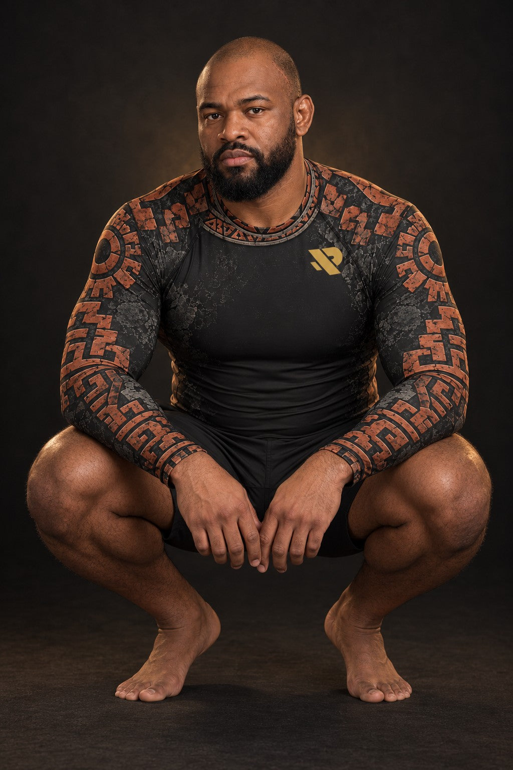 Rash guard Pierre du Soleil manches longues homme, Disque solaire aztèque sculpté gris pierre et terre cuite